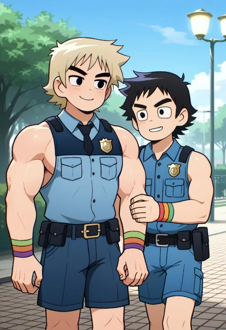 score_9, size difference, age difference, 2 boys , cartoon source, cartoon style, break
Policeman, police uniform, torn uniform, thick eyebrow, black eyebrow, smile, short blonde hair, Big chest, big pecs, musculsr arms, muscular body, strong shoulders, break
Wallace, short hair, black hair, Black eyes, blue shorts, sleeveless shirt, blush, rainbow bracelets,, break
Gay couple, couple of two men, walking together, holding hands, park, countryside, blue sky.