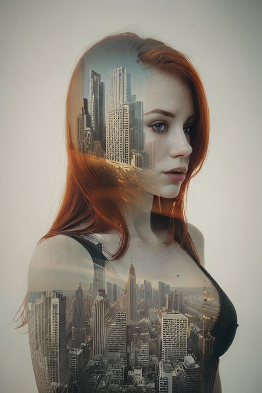 dbl3xp0 artstyle, portrait of redhead woman, breasts, city double exposure