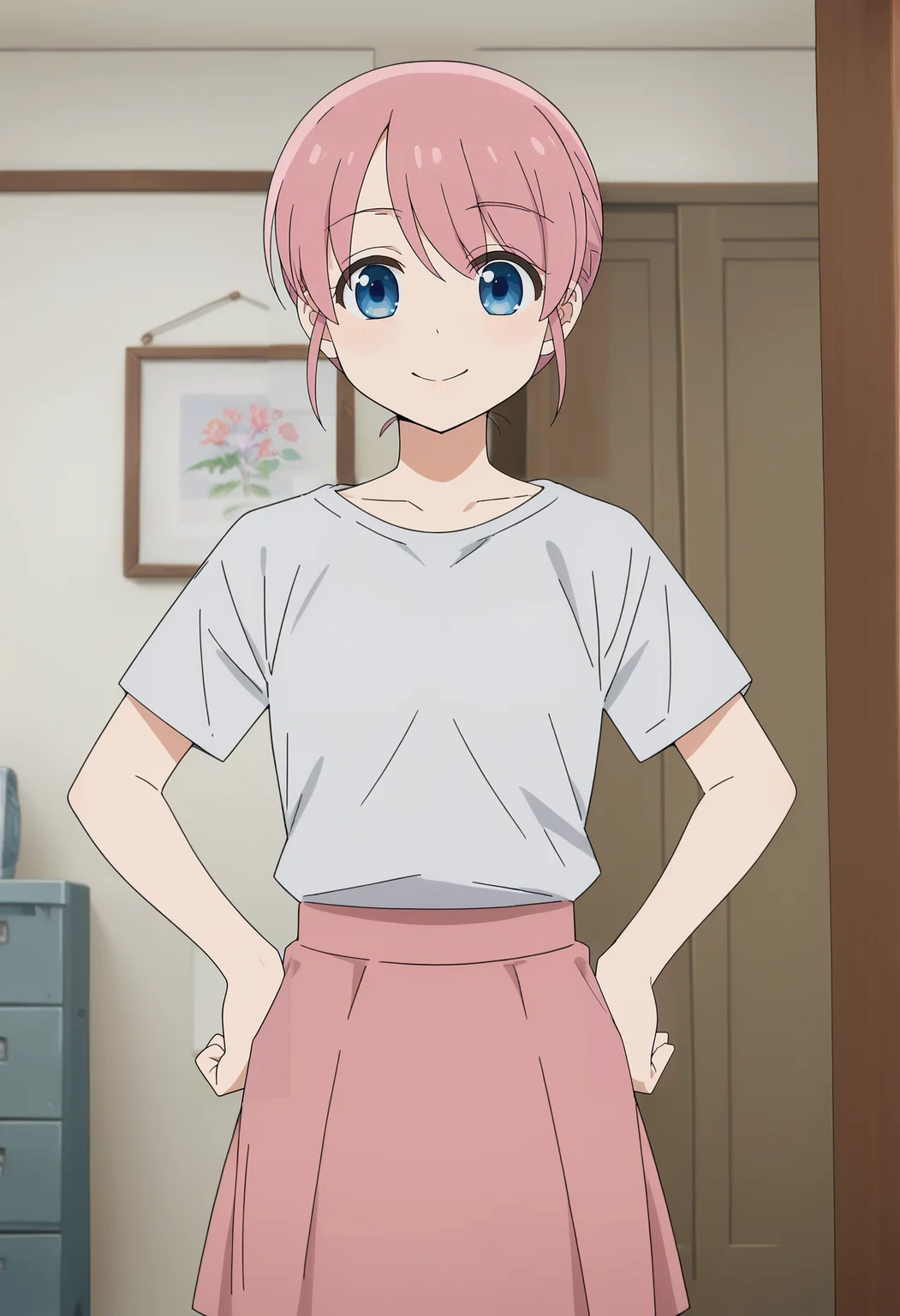 <lora:Michiyo_Gotou-Bocchi_the_Rock:0.8>,Michiyo,1girl,solo,hair bun,blue eyes,pink hair,shirt,skirt,hands on own hips,cowboy shot, looking at viewer, indoors,smile
