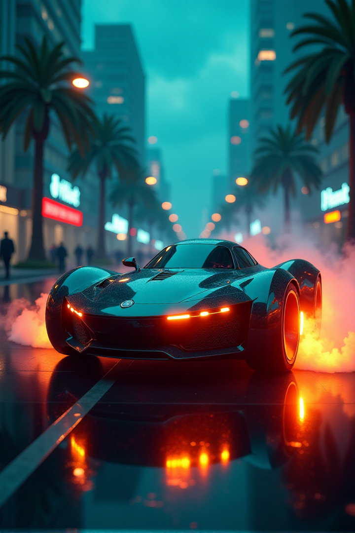 Hovercar Race portrayed in a Futuristic Neon Flare setting, where artificial lights create lens flares in a cyberpunk cityscape. Employ electric Teal and Orange to enhance the modern, high-tech atmosphereâââ