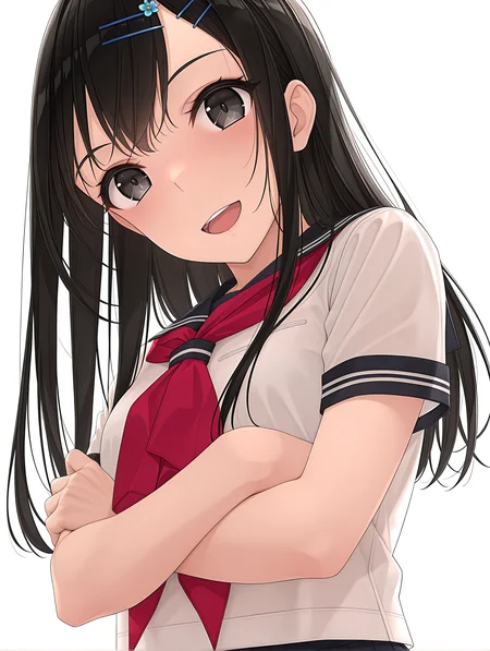 masterpiece,best quality,newest,
1girl,solo,
<lora:ikuta_risa_ilxl_v1.1:1>,risa,hairclip,black hair,black eyes,
r_clothes,serafuku,red neckerchief,short_sleeves,
<lora:Fixhands_anime_bdsqlsz_V1:1>,white_background,simple_background,looking_at_viewer,light_blush,upper_body,open mouth,:d,front view,crossed arms,