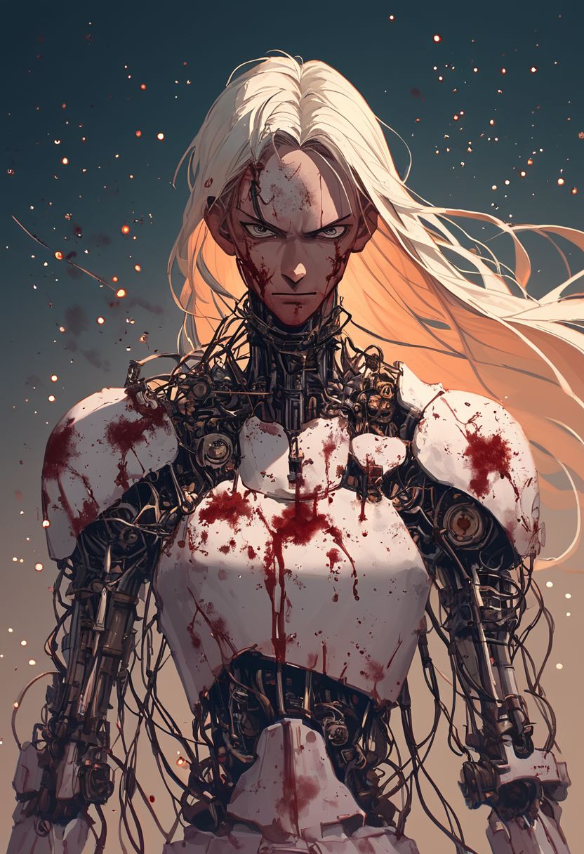 hkmecha, score_9, score_8_up, hkstyle Gothic Android Batman berserk, Closeup, Blood, gore,.scratched, kentaro miura Style, anime, Long Hair, black purple, baroque style, reelmech, mechanical parts, cable, wires, machinery, joints, fight stance, Closeup Portrait, fists Up, Action Scene, floating particles,