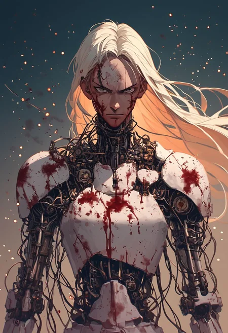 hkmecha, score_9, score_8_up, hkstyle Gothic Android Batman berserk, Closeup, Blood, gore,.scratched, kentaro miura Style, anime, Long Hair, black purple, baroque style, reelmech, mechanical parts, cable, wires, machinery, joints, fight stance, Closeup Portrait, fists Up, Action Scene, floating particles,
