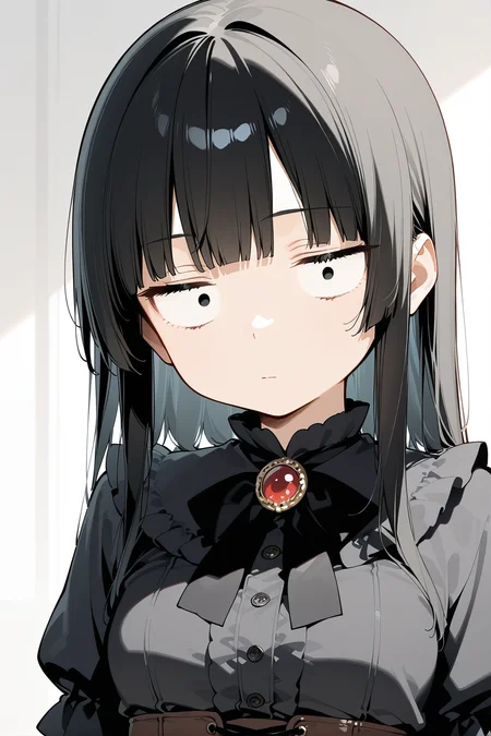 1girl, bangs, black bow, black eyes, black hair, blush, bow, bowtie, breasts, eyebrows visible through hair, long hair, long sleeves, looking at viewer, parted lips, solo, sweat, upper body, sanpaku <lora:sanpaku_v1:1>