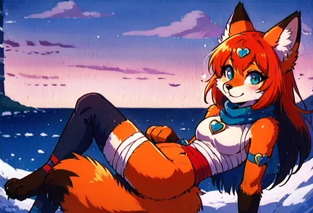 sfxm, anthro, female furry, fox, fox tail, fox ears, body fur, fluffy, paws, scarf, heart-shaped pendant, leg wrap, bandages, looking at viewer, cute style, dic style, super show, smbss style, vintage, cartoon