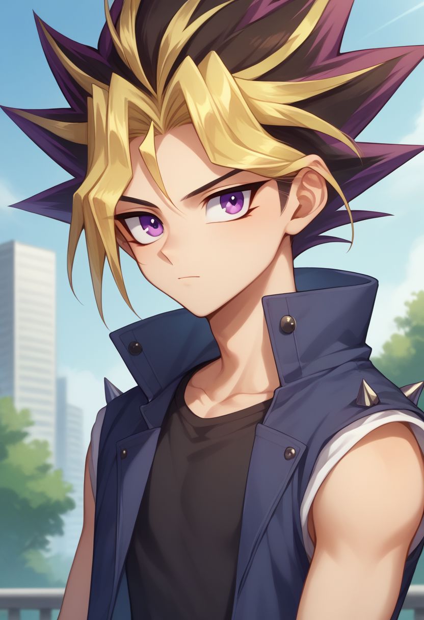 score_9, score_8_up, source_anime, highly detailed, 
yami, 1boy, male focus, blonde hair, solo, purple eyes, multicolored hair, shirt, black shirt, sleeveless, jacket, jacket on shoulder, closed mouth, spiked hair,
outdoor,  upper body,