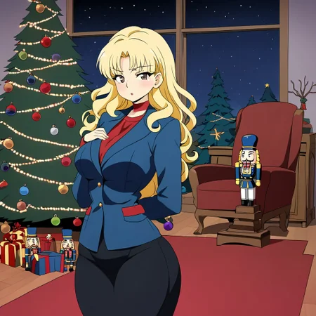 sfw, score_5_up, (best_quality:1.0), score_9, score_8_up, anime coloring, solo, medium breasts, wide hips, big hips, toned thighs, parted lips, solo, anime coloring,(brown eyes), black eyeliner, eyelashes, (long, blonde hair, long hair, curly), blush, (perfect face), milf, slender, big breasts, nutcracker, Black Pencil skirt, pantyhose, blue jacket, 1990s_(style), retro style, living room, night, christmas tree, christmas ornaments, red carpet