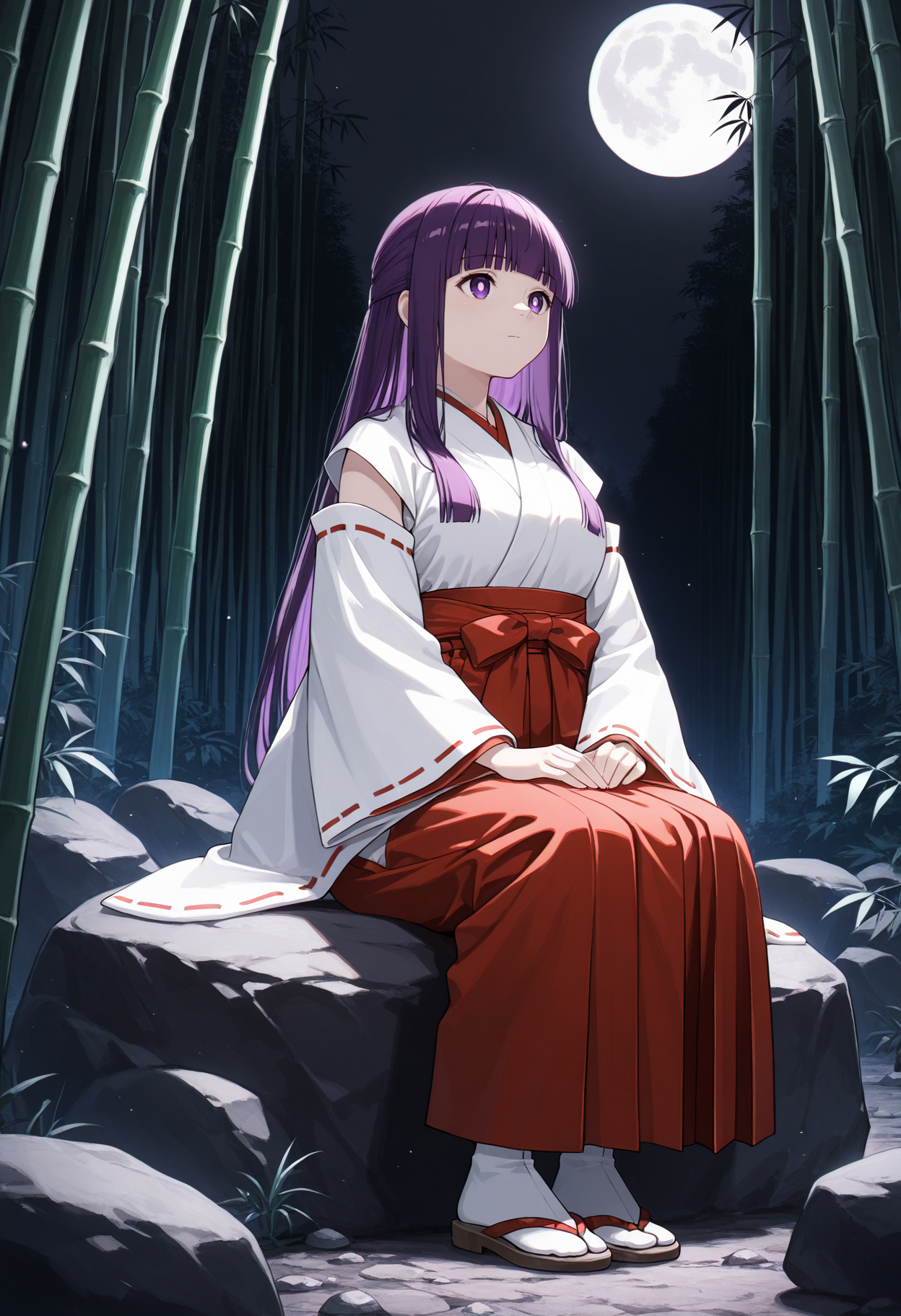 masterpiece, best quality, 1girl, solo, purple hair, long hair, blunt bangs, miko, japanese clothes, red hakama, white kimono, ribbon trim, outdoors, (bamboo forest), full moon, night, seiza, sitting, full body, looking ahead, purple eyes, bright pupils, wide sleeves, hakama short skirt, sandals, detached sleeves, fireflies, dark theme, rock, sitting on rock, dim lighting, dark background, backlighting, hands on lap, closed mouth