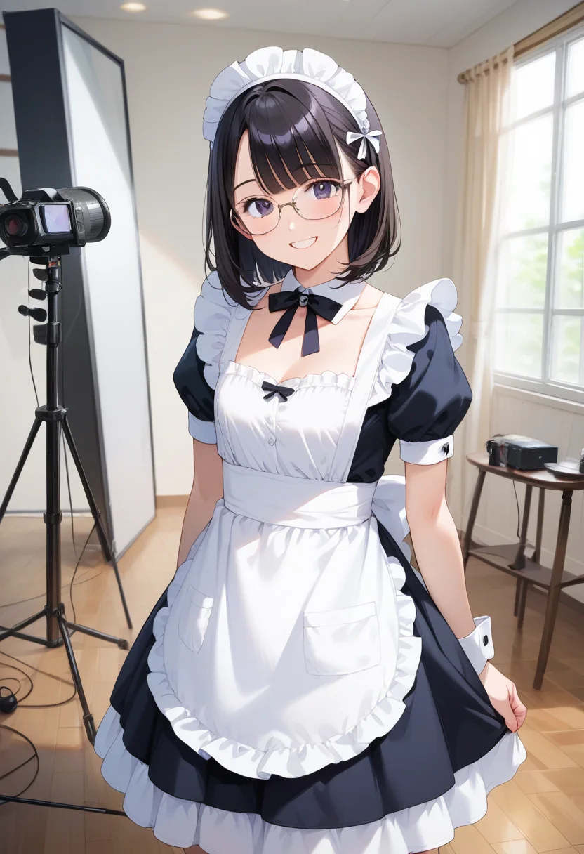 score_9, score_8_up, score_7_up, rating_safe, masterpiece, best quality, absurdres, unity 8k wallpaper, official art, official style, source_anime, uncensored, game cg, megami magazine,
1girl, solo, glasses, black hair, medium hair, maid dress, black dress, maid apron, maid headdress, standing, smile, happy, looking at viewer,
photostudio, shooting light, indoors, camera, chair, cyclorama, white cyclorama
<lora:photostudio_pony_V2:1>