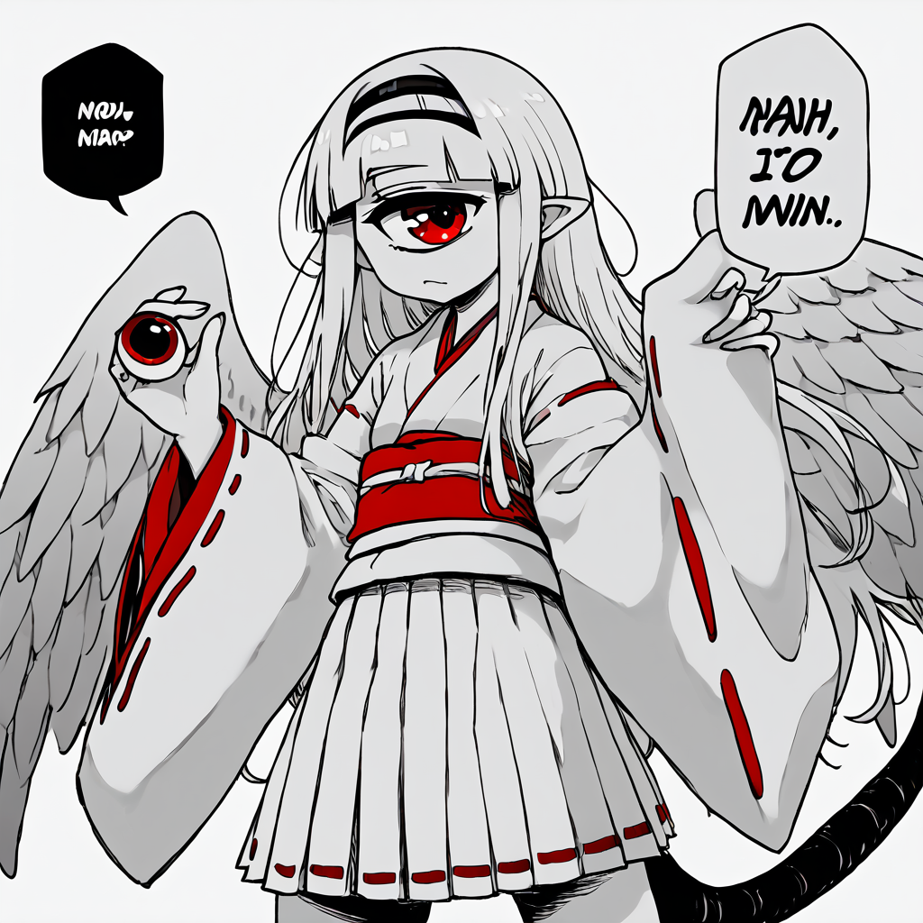 <lora:b02gkb:1> 02beco, white hair, long hair, japanese clothes, miko, one-eyed, cyclops, monster girl, wide sleeves, red eyes, blunt bangs, pointy ears, ribbon-trimmed sleeves, skirt, bow, ribbon trim, hairband, colored skin, white skin, wings, tail, hair ornament, red long pleated skirt 
 <lora:meme_nahidwin_ponyXL:0.8> nahidwin, speech bubble, english text, monochrome, greyscale