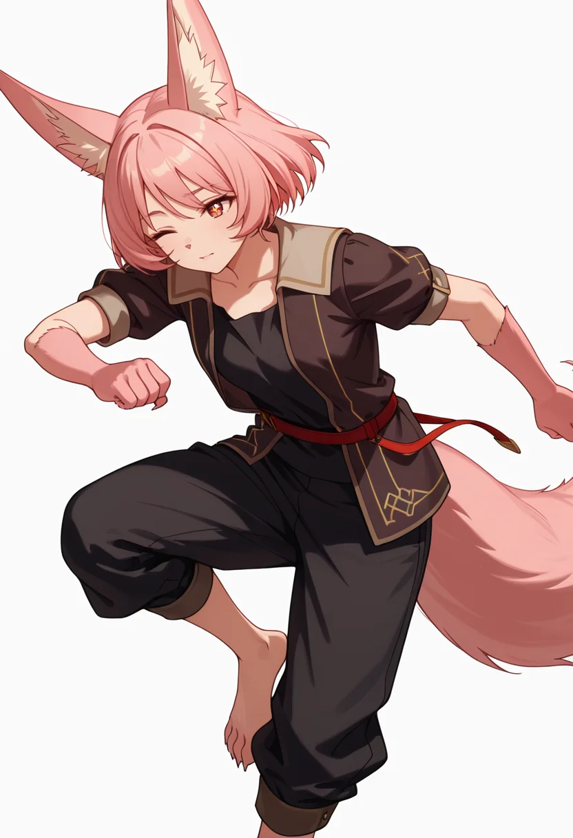 Smooth Quality,masterpiece,very intricate, high quality details, ultra realistic, high detailed skin,detailed enviorement,absurdres,
simple background, white background, dancing, solo,front view,
<lora:Til_CNR:0.8> til_cnr, 1girl,pink hair, short hair, bangs, red eyes, animal ears, fox ears, animal ear fluff, fox tail, furry female, animal hands, claws, black shirt,open jacket,puffy short sleeves,black pants, belt,barefoot,, light smile,, ;o,