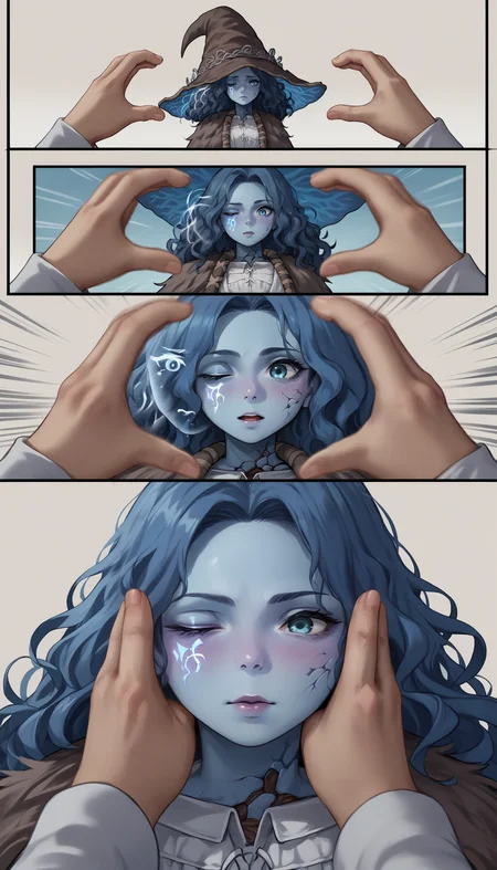score_9, score_8_up, score_7_up, source_anime, incrssnootchallenge, comic, pov hands, motion lines, motion blur, <lora:SnootChallenge_XLPD:1>, 1girl, <lora:Ranni_XLPD_CAME:1> IncrsXLRanni, wavy hair, cracked skin, blue skin, colored skin, extra arms, extra faces, doll joints, white dress, witch hat, brown cloak