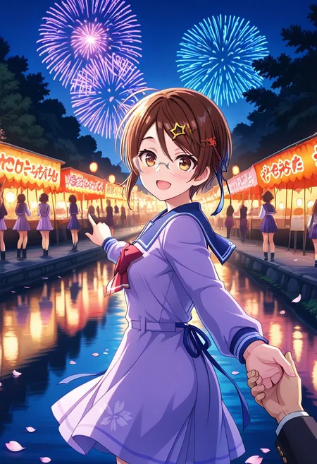 <lora:IL-Tokusa-Honoka:1>,il-honoka-tenshin,school uniform,light purple serafuku dress,short hair,hair ornament,hairclip,red bowtie,hairclip star (symbol),light purple dress,amber brown eyes,blue ribbon,(long wavy ribbon on dress),thin ribbon,brown hair,blue sailor collar,long sleeves,black sneakers,
<lora:hanabitaikai:0.7>,hanabitaikai,aerial fireworks,colorful,cowboy_shot,solo focus,fireworks,night,sky,sakura tree,river,reflection,floating sakura petals,flower,paper lantern,night market,outstretched hand,
looking at viewer,blush,reaching towards viewer,open mouth,smile,doyagao,spinning,holding hands,turn_one's_back,pointing far,
masterpiece,best quality,newest,absurdres,highres,detailed eyes,beautiful,detailed background,perfect eyes,anime coloring,anime screencap,
<lora:add-detail-xl:1>,<lora:ponyv4_noob1_2_adamW-000017:0.8>,wear clothes, regular thin frame glasses, blush,