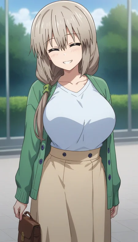 score_9,score_8_up,score_7_up,score_6_up BREAK official art,solo,outdoors,upper body,(portrait:1.5),looking at viewer,facing viewer,smile,blush,mature female,Tsuki Uzaki,grey hair,long hair,braid,hair over shoulder,hair scrunchie,hair ornament,hair between eyes,bangs,closed eyes,^_^,collarbone,green cardigan,open cardigan,white shirt,long sleeves,large breasts,skindentation,shirt tucked in,brown skirt,long skirt,high heels,white footwear,<lora:Tsuki Uzaki(uwa)-Pony:1.4>,