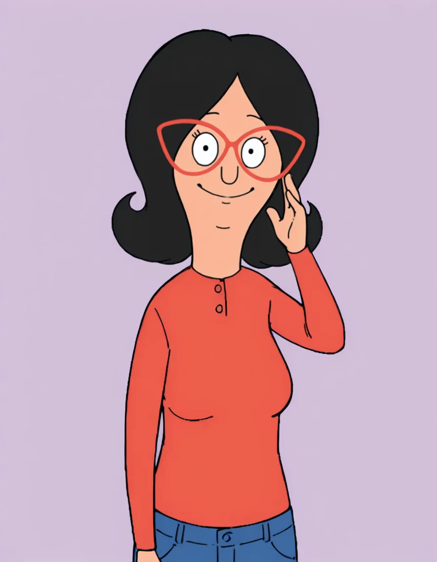 <lora:LindaBelcherIllustrious1.0JLFO:1> linda, 1girl, black hair, solo, glasses, red-framed eyewear, smile, red shirt, pants, long sleeves, jeans, black eyes, looking at viewer, upper body,portrait, simple background,