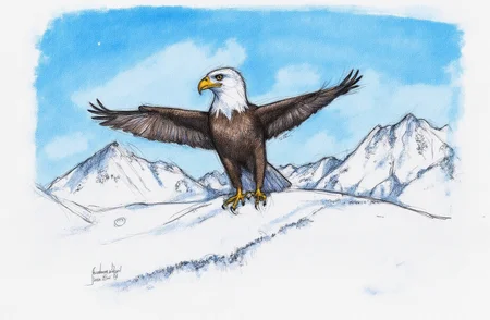 Sharp image of a rough sketch, rendered in vibrant multi colour ballpoint pen, capturing the adorable features of a portait of a bird of prey, specifically an eagle, in flight. The eagle is in the center of the image, with its wings spread wide and its talons extended. It is facing towards the right side of the frame, and its head is turned towards the camera. The background is a snowy mountain range with a clear blue sky. The mountains are covered in snow, and the sky is a bright blue with a few wispy clouds. The image is taken from a low angle, looking up at the eagle and the mountains.  p3nsk, <lora:p3nsk:1>