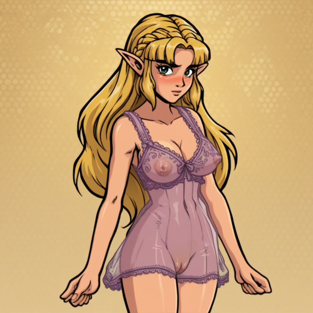 source_hentai, score_9, score_7_up, (4k4bur5tyl3), retro_artstyle, science_fiction, BREAK, Princess Zelda, long hair, (blonde hair), green eyes, perfect eyes, eyelashes, blonde eyebrows, blush, looking at viewer, rating_explicit, 1girl, solo, mole under eye, mole on thigh, dress, see-through, lingerie, covered nipples, cameltoe, detailed background,