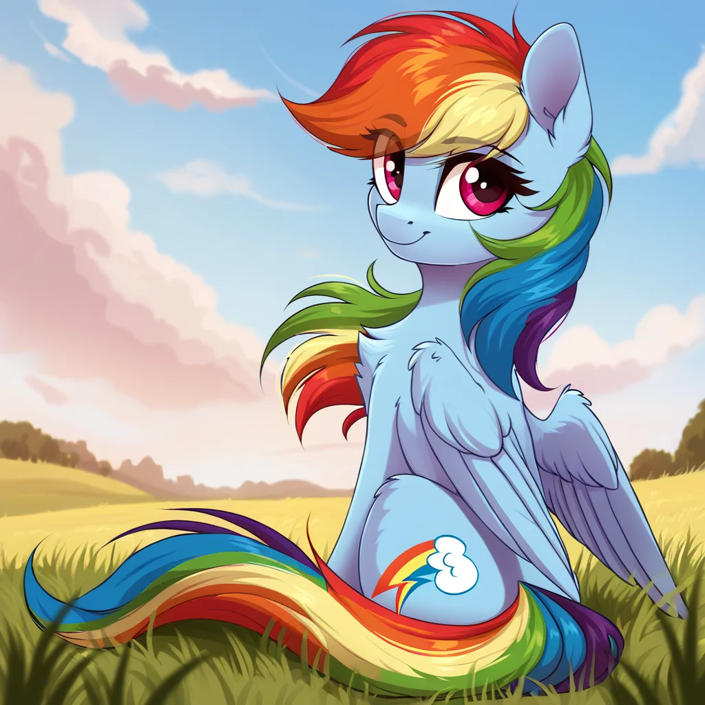 score_9, score_8_up, score_7_up, score_6_up, score_5_up, score_4_up, rating_safe, rainbow dash, female, mare, pegasus, pony, solo, chest fluff, cute, grass, high res, looking at you, looking back, scenery, sitting, sky, windswept mane, dashabetes, low angle, eye clipping through hair, looking back at you, smiling, g4, detailed, beautiful, detailed background, <lora:Wholesome-MLP-v1.3b:1>