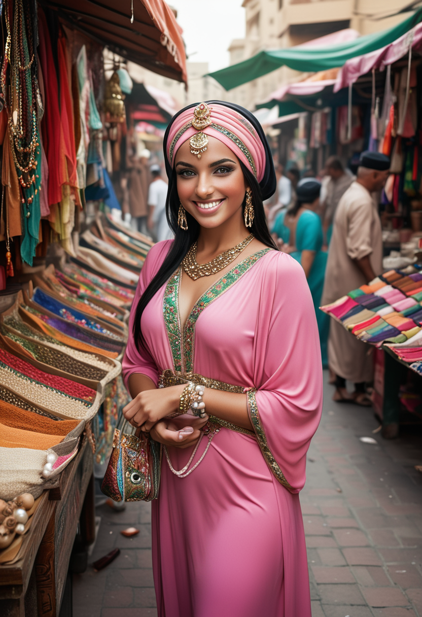 (medium full shot) of (lovely arabian princess) young woman, curvy build, black hair, straight hair, green eyes, tan skin, wearing a elaborate silk turban with jeweled brooch, pink maxi dress with pearl embellishments, loafers with chic design, smoky eyeshadow, jeweled sash with coin accents silver anklet, set in  Bustling Bazaar, Colorful marketplace with stalls overflowing with exotic wares, vendors calling out their wares, the scent of spices and incense wafting through the air, brightly colored fabrics fluttering in the breeze , woman smiling, ,Masterpiece,best quality, raw photo, realistic, very aesthetic