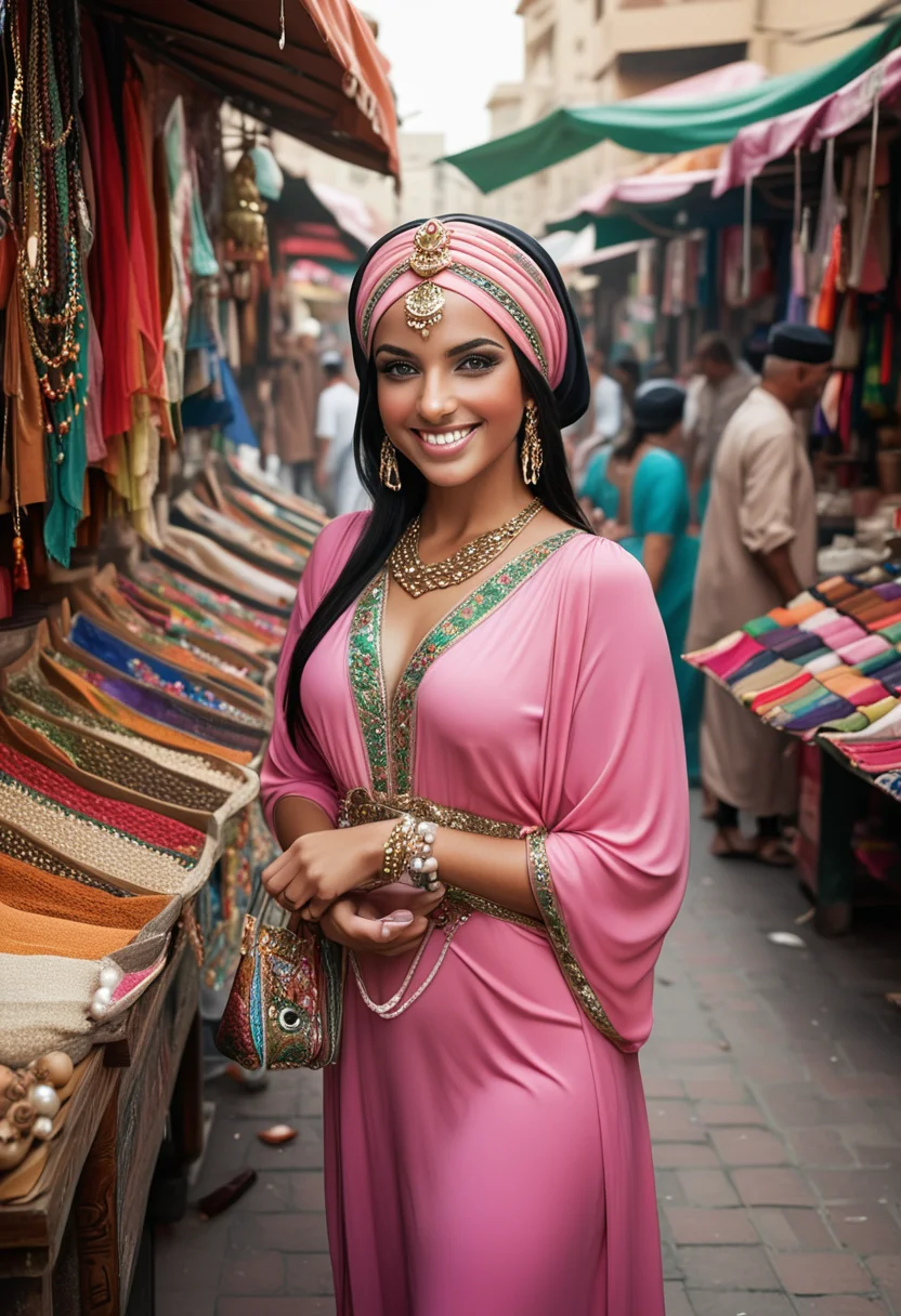 (medium full shot) of (lovely arabian princess) young woman, curvy build, black hair, straight hair, green eyes, tan skin, wearing a elaborate silk turban with jeweled brooch, pink maxi dress with pearl embellishments, loafers with chic design, smoky eyeshadow, jeweled sash with coin accents silver anklet, set in Bustling Bazaar, Colorful marketplace with stalls overflowing with exotic wares, vendors calling out their wares, the scent of spices and incense wafting through the air, brightly colored fabrics fluttering in the breeze , woman smiling, ,Masterpiece,best quality, raw photo, realistic, very aesthetic