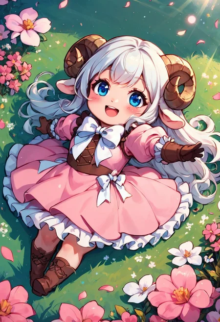 score_9, score_8_up, score_7_up, score_6_up BREAK 
solo, outdoors, field, flowers, sunbeam, sheep girl, neck tuft, white hair, sheep horns, blue eyes, pink dress, frills, puffy sleeves, white ribbons, brown gloves, bowtie, long hair, lens flare, from above, chibi, cute, :3, adorable, small body, blush, happy, wind, petals , laying on grass, front view