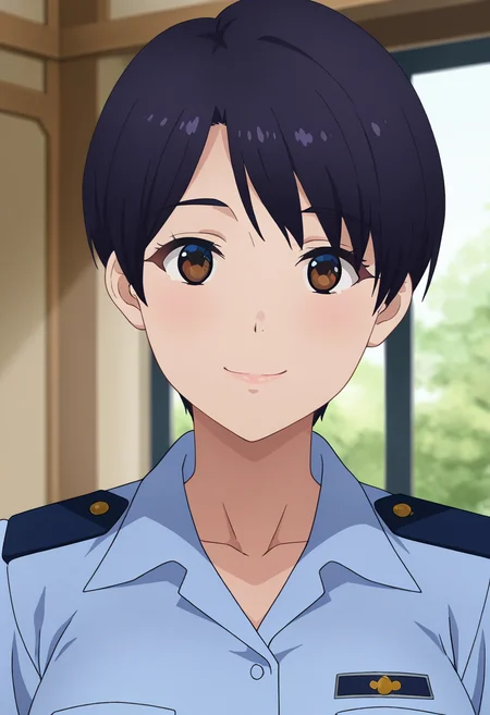 masterpiece, best quality, amazing quality, 1girl, solo, (portrait:1.2), honokaww, mature female, brown eyes, black hair, short hair, asymmetrical bangs, military uniform, blue collared shirt, looking at viewer, smile, indoors, day, skindentation, detailed clothing folds, depth of field, sharp, high contrast, dynamic light <lora:Suzunagi_Honoka_Bravern_ill_v11:0.9>