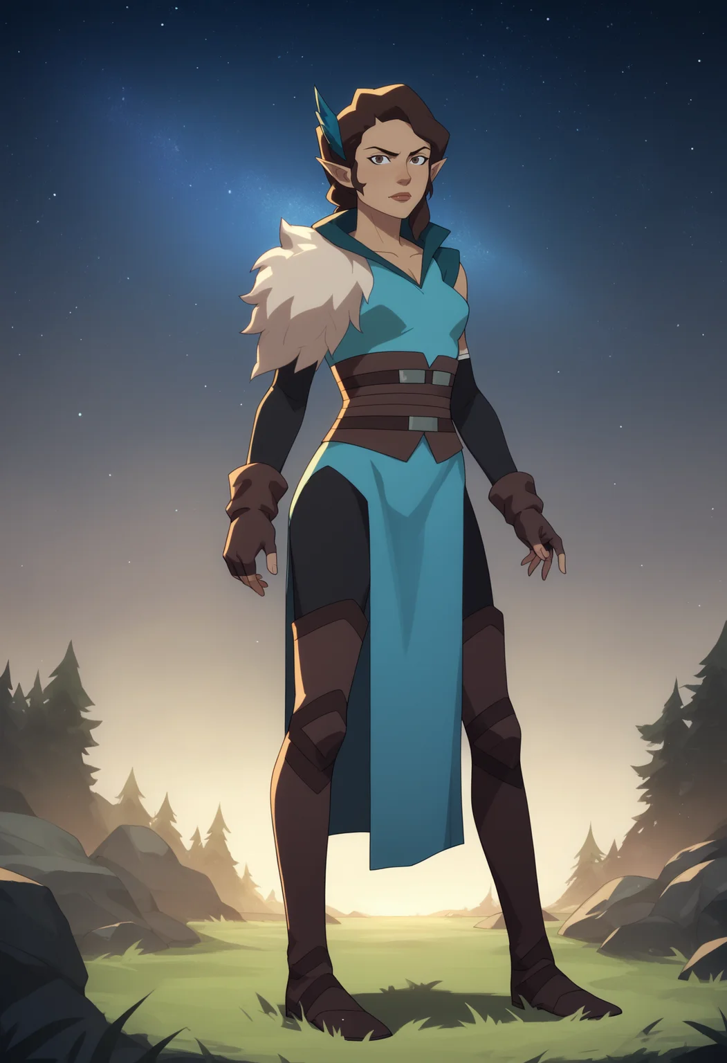 score_9, score_8_up, score_7_up, BREAK,
1girl, vexahlia, brown hair, brown eyes, dark skin, pointy ears,
blue dress, fur shoulder pad, fingerless gloves, black leggings, boots,
full body, looking at viewer, standing, contrapposto, night, starry sky, grass, moutains background <lora:VexahliaPDXL_byKonan:1>