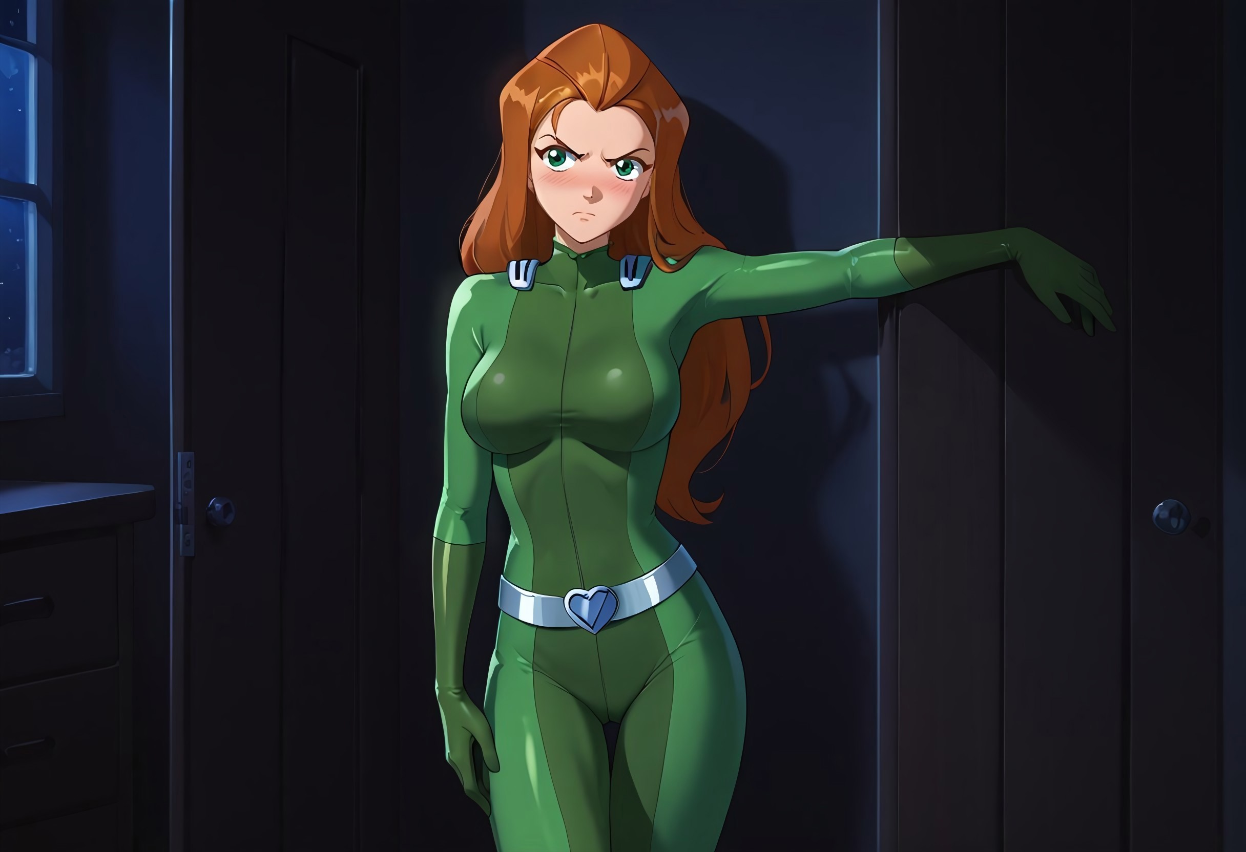 safe_pos, score_9, score_8_up, score_7_up, score_6_up, score_5_up, score_4_up, BREAK, solo, 1girl, sexy, big breasts, sam \(totally spies\), orange hair, long hair, green eyes, green bodysuit, belt, (desperation:0.2), one hand on crotch, (knees bent:0.2), (leaning on wall:0.2), annoyed, inside of a closet, night, dark background, Low-key lighting, thin legs, long legs, (slender:1.5), (thin:1.5), small waist, thin thighs