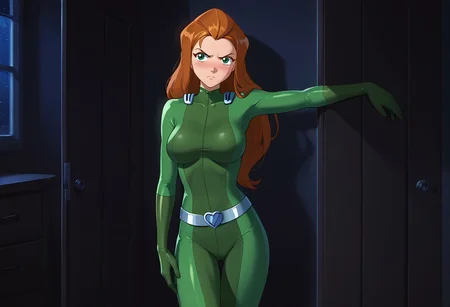 safe_pos, score_9, score_8_up, score_7_up, score_6_up, score_5_up, score_4_up, BREAK, solo, 1girl, sexy, big breasts, sam \(totally spies\), orange hair, long hair, green eyes, green bodysuit, belt, (desperation:0.2), one hand on crotch, (knees bent:0.2), (leaning on wall:0.2), annoyed, inside of a closet, night, dark background, Low-key lighting, thin legs, long legs, (slender:1.5), (thin:1.5), small waist, thin thighs