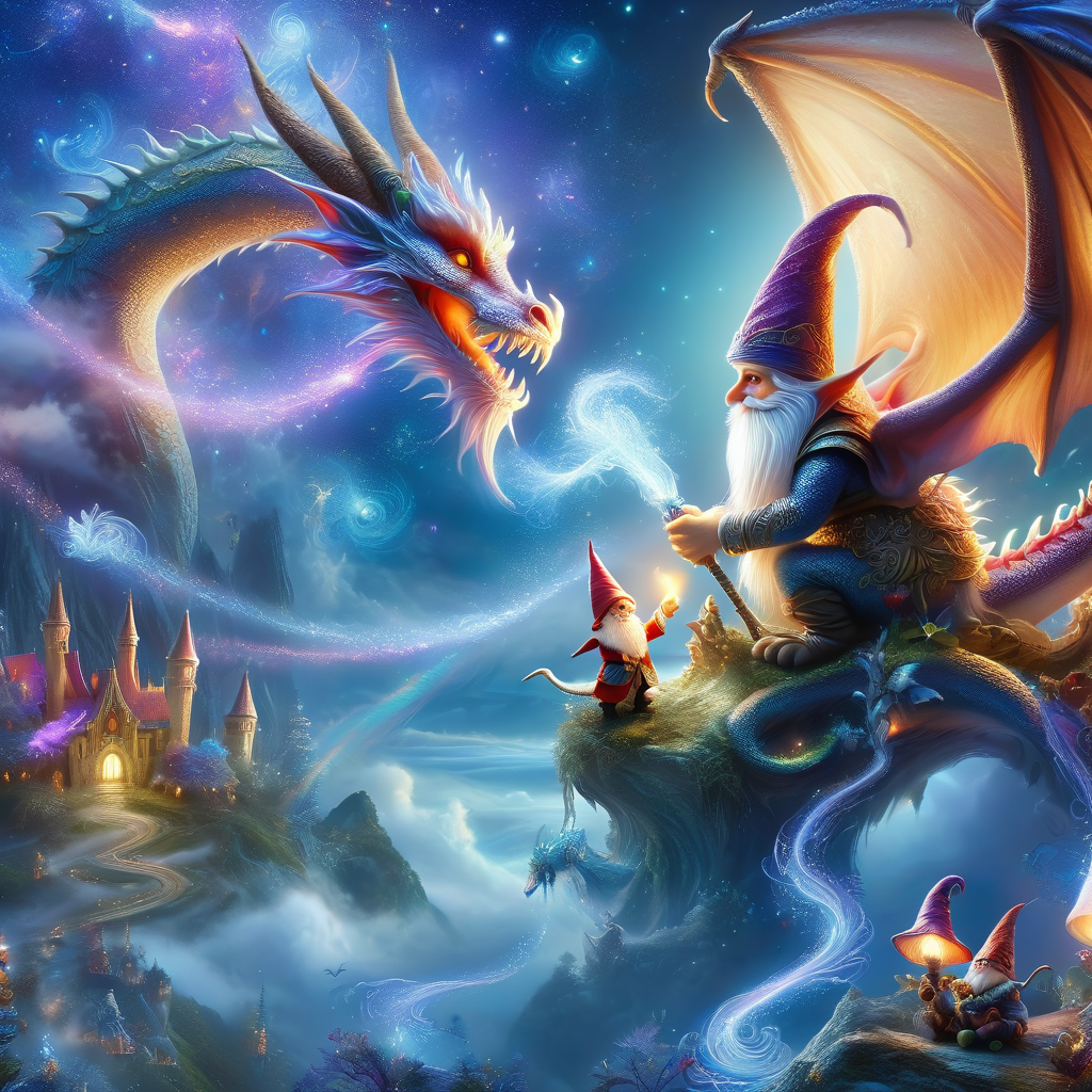 (best quality)++, (masterpiece)++, (detailed)+, elf on the shelf fighting a Dragon, (fantasy illustration)1.3, enchanting Dragon, elf on the shelf, mystical design, (many gnomes)1.4 (whimsical charm).4 Otherworldly charm, mystical sky, (Luis Royo)1.2, (Yoshitaka Amano)1.1, moonlit night, soft colors, (detailed cloudscape)1.3, (high-resolution)1.2 (gnomes everywhere)1.2 , <lora:DonM3t3rn1tyXL-v1.1:0.8> DonM3t3rn1tyXL <lora:DonMD1g174l4sc3nc10nXL:0.8> DonMD1g174l4sc3nc10nXL  <lora:Dragons:0.8> dragon <lora:EnvyMagicalXL01:0.8> magical <lora:FantasyLandscape:0.8> FanLan