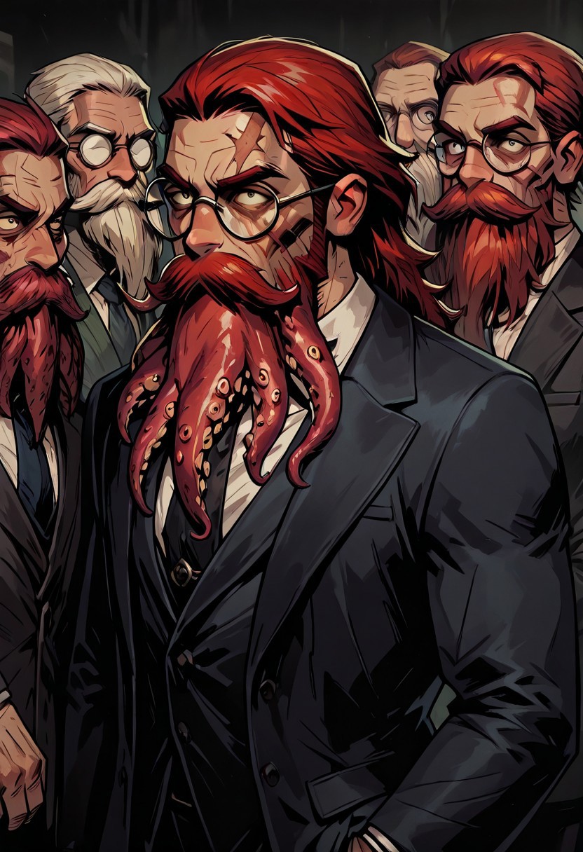 masterpiece, best quality, newest, absurdres, highres, TTCSV1.0, solo, solo focus, 1boy, glasses, red hair, suit, round glasses, beard, facial hair, mustache, scar, scars on face, TB-V1.0, Tentacle beard,