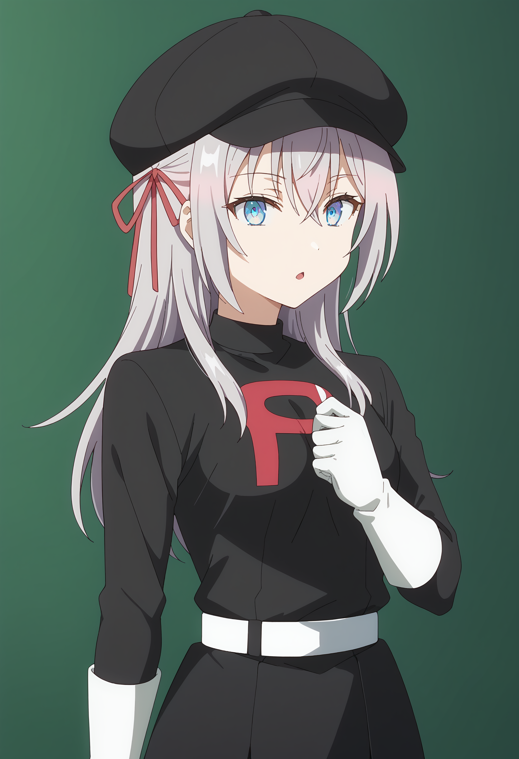 score 7 up, solo, source anime, 1girl, , <lora:alya.pony:1> alya, , <lora:team-rocket-uniform-ponyxl-lora-nochekaiser:1> team rocket uniform, black hat, black shirt, black skirt, white belt, white gloves, single letter,,