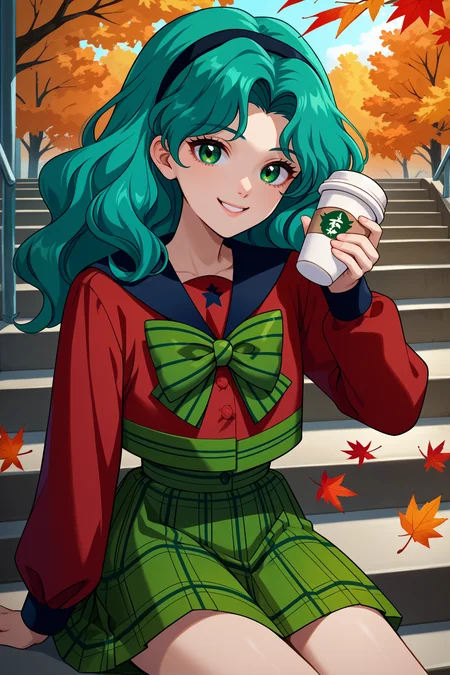score_9, score_8_up, score_7_up, score_6_up, source_anime, 1girl, solo, <lora:sailorneptune-pdxl-nvwls-v1-000005:1> slrnp, cyan hair, long hair, wavy hair, green eyes, hairband, black sailor collar, red shirt, long sleeves, green bowtie, striped bowtie, school uniform, green skirt, plaid skirt, looking at you, autumn, happy, holding coffee cup, smile, sitting on stairs