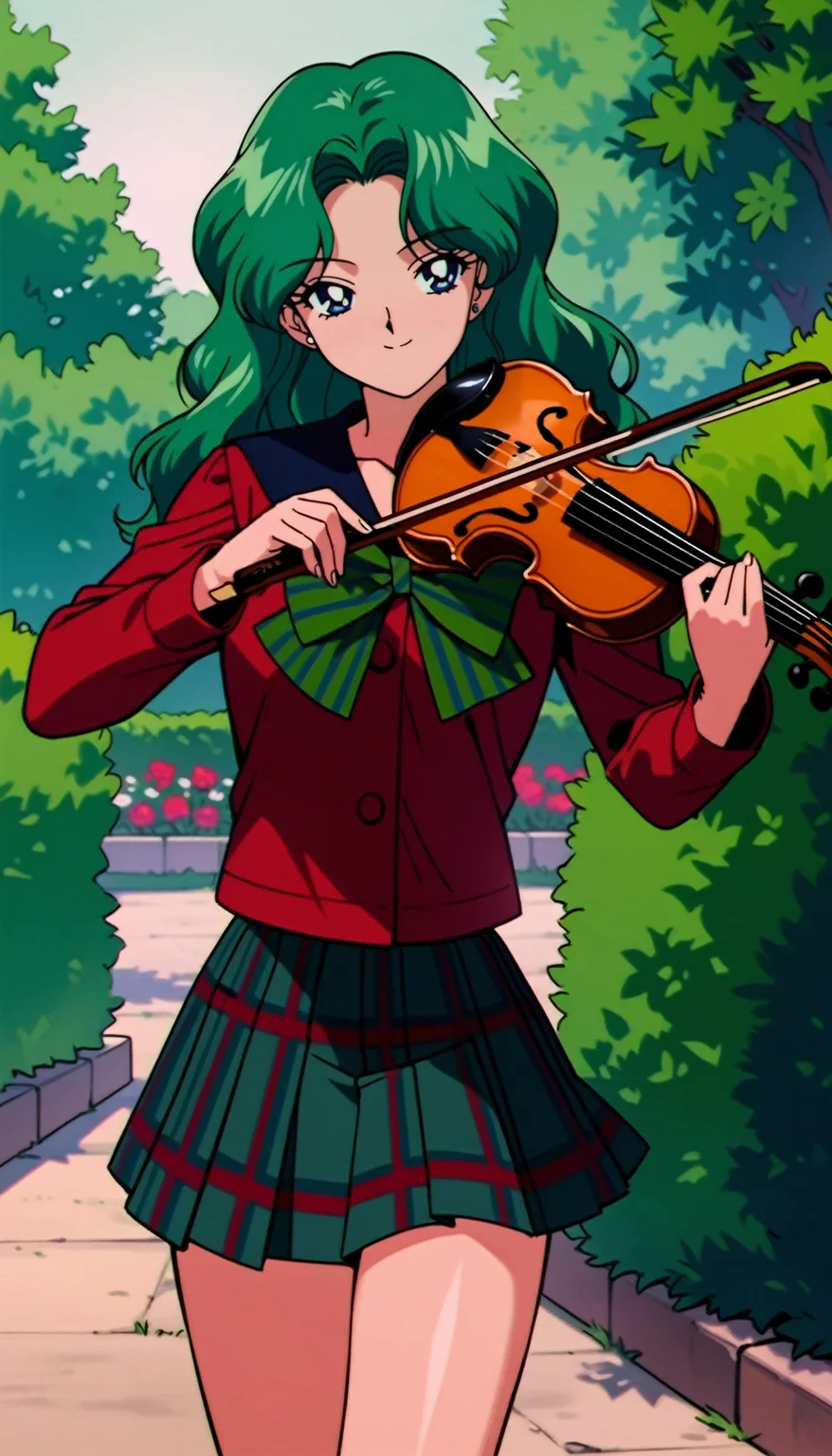 masterpiece,best quality,very aesthetic,ultra detailed,intricate details,<lora:Sailor Neptune XL:0.9>,Sailor Neptune XL,1990s \(style\),1girl,solo,stud earrings,long hair,green eyes,green hair,instrument,violin,solo,music,skirt,playing instrument,bow,striped bow,mugen school uniform,red shirt,long sleeves,shirt,plaid skirt,striped,plaid,garden,smile,