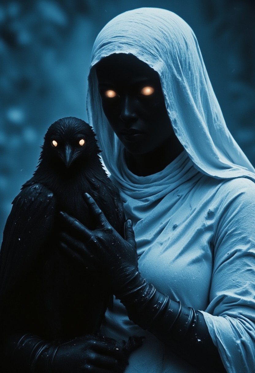 Extreme CloseUp of the hooded No Face, DARK movie still, heavy Film grain, monochrome with Low Key color Highlights, A dystopian DARK Female Busty villain nun Photo Closeup Portrait of hkstyle dystopian warrior-nun clad in a bright but Work White Habit, Holding black eerie large raven with glowing White eyes, the animal emitting vibrant light in 80s RGB spectral light rays, No Face, billowing Long wide hood, outworn Cape and armored suit, in pain, dust, dirt, gritty, Film Noir Style, high contrast, deep blacks, vibrant blue-turqoise and White/beige Pop art elements, soothing bleaked atmospheric lighting, eye-trails,