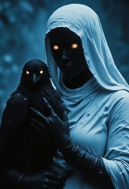Extreme CloseUp of the hooded No Face, DARK movie still, heavy Film grain, monochrome with Low Key color Highlights, A dystopian DARK Female Busty villain nun Photo Closeup Portrait of hkstyle dystopian warrior-nun clad in a bright but Work White Habit, Holding black eerie large raven with glowing White eyes, the animal emitting vibrant light in 80s RGB spectral light rays, No Face, billowing Long wide hood, outworn Cape and armored suit, in pain, dust, dirt, gritty, Film Noir Style, high contrast, deep blacks, vibrant blue-turqoise and White/beige Pop art elements, soothing bleaked atmospheric lighting, eye-trails,
