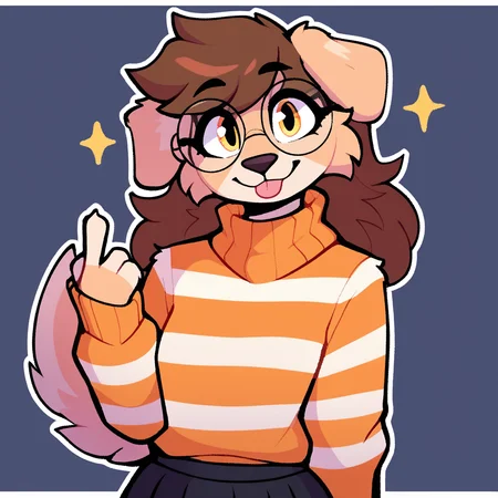 score_9_up, score_8_up, score_7_up, score_6_up, by remanedur, half-length portrait, brown hair, round glasses, furry female, dog, female, furry, floppy ears, yellow eyes, looking at viewer, solo, smile, happy, gesture, blep, tongue, three-quarter view, head tilt, sweater, orange striped sweater, black skirt, black socks, thigh socks, tail, simple background, white outline, <lora:Leah_Pines(AIM)_XL_v1:0.25> <lora:PDXL_artist_tags_v2_big:0.6> <lora:The-Minuscule-Task_PDXL_v1.0:0.6> <lora:Buttercup_Jayrnski:0.3>