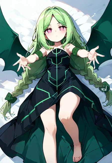 score_9, score_8_up, score_7_up, source_anime, momose kajitsu, 1gril, solo, green hair, long hair, parted bangs, twin braids, pink eyes, small breasts, bare shoulders,green striped black dress,strapless, strapless dress, long dress, green armband, wings, barefoot,, on back, arm support, arms up, incoming hug, pov, reaching, reaching towards viewer, expressionless,, cowboy shot, dutch angle,