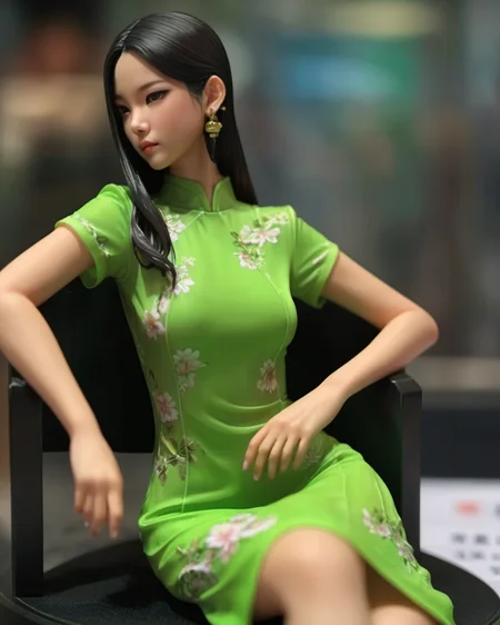 resin material style, close up, female character, revealing futuristic outfit, long dark hair, dramatic pose, smooth skin tones, green cheongsam, high level of detail, <lora:è¶ä½¬V1:0.7>
