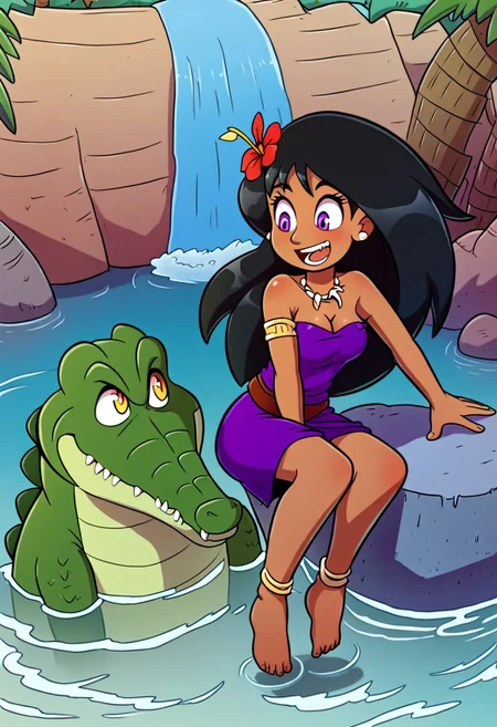 Tick tock crocodile,male animal focus,tail, crocodile open large mouth ,green skin, blue eyes, Tick Tock the crocodile is giant and very huge size,teeth, swimming in water,partially submerged,Tick Tock the crocodile looking at a young girl who she is sitting on rock cliff. Girl_anime_manga,long hair, black hair, dark-skinned female,the girl her very smal size, purple eyes, tribal_clothe, chest_band,purple dress jewelry, dark skin, smile, necklace,hair flower, bracelet, anklet, barefoot,open mouth,river,palm trees, jungle, Disney, waterfall,anime, manga