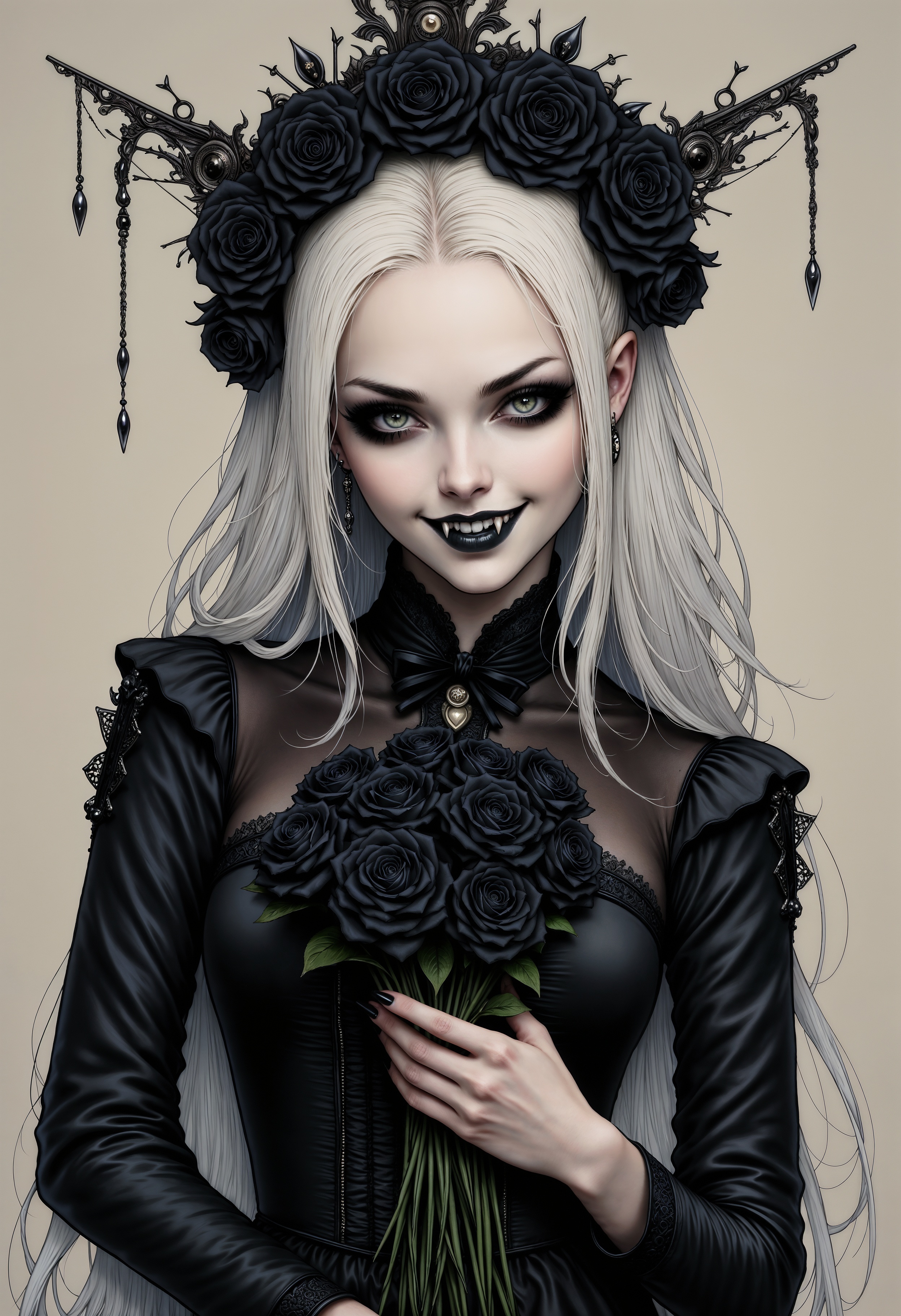 extremely detailed illustration of an extremely pale gothic woman, wearing victorian gothic dress, bold goth makeup, mischievous, smirk showing her fangs, holding a bouquet of black roses <lora:FluxF4ngs:1>