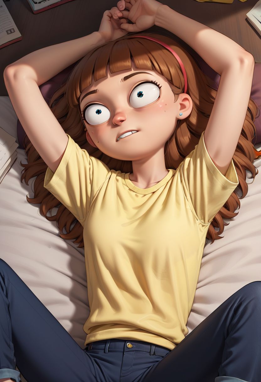 score_9, score_8_up, score_7_up, 1girl, morticiasmith, brown hair, hairband, yellow shirt, blue pants,