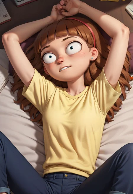 score_9, score_8_up, score_7_up, 1girl, morticiasmith, brown hair, hairband, yellow shirt, blue pants,