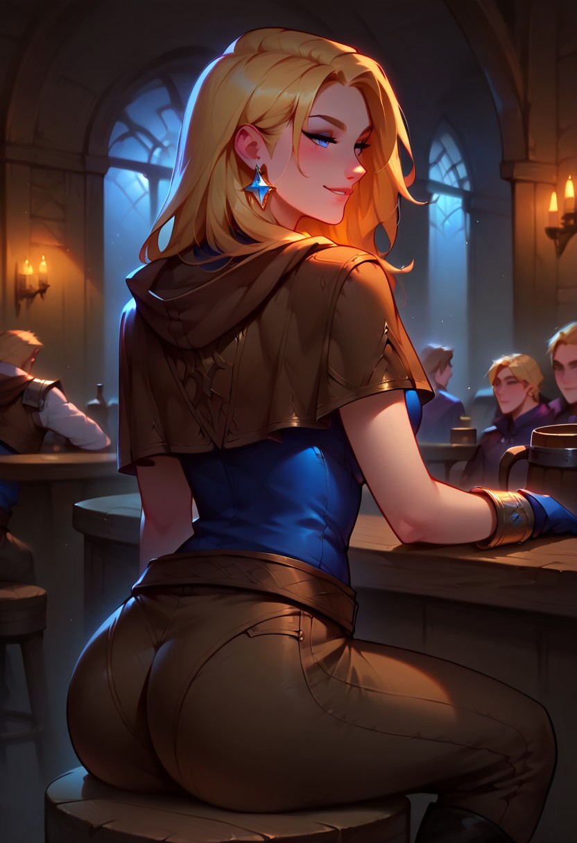 score_9, score_8_up, score_7_up, uncensored, highest quality, masterpiece, intricate details, highly detailed, dynamic shot, Expressiveh, g0th1c.
1girl, spellthieflux, blonde hair, blue eyes, brown hood, capelet, blue shirt, belt, bracelet, brown pants, boots, gloves, big round ass, shiny ass, sitting, back view, looking over shoulder, smiling, sexy smile, half-closed eyes.
Detailed background, tavern, warm light, vivid colors.
