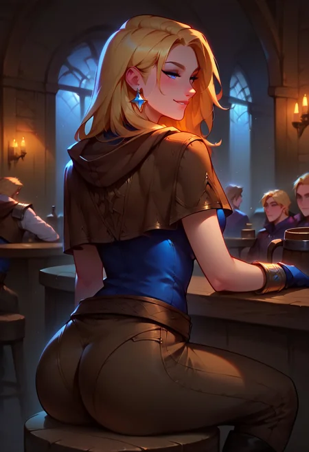 score_9, score_8_up, score_7_up, uncensored, highest quality, masterpiece, intricate details, highly detailed, dynamic shot, Expressiveh, g0th1c.
1girl, spellthieflux, blonde hair, blue eyes, brown hood, capelet, blue shirt, belt, bracelet, brown pants, boots, gloves, big round ass, shiny ass, sitting, back view, looking over shoulder, smiling, sexy smile, half-closed eyes.
Detailed background, tavern, warm light, vivid colors.