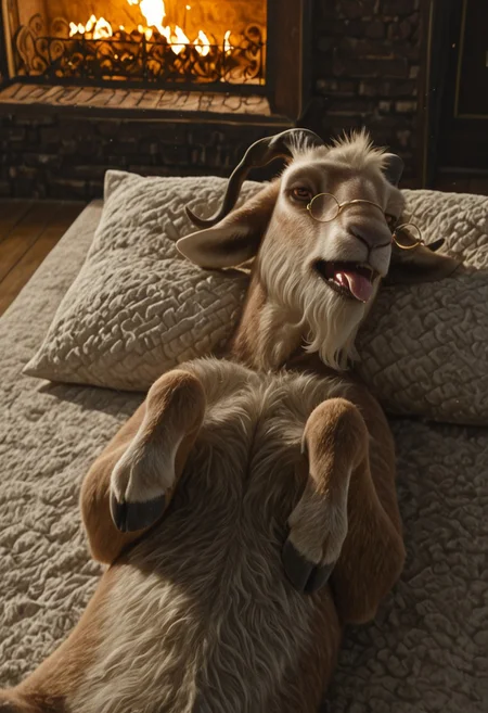 dillamond_wool_wicked, 1boy, male goat, furry, feral, brown and white fur, short twisted black horns, goat ears, messy white hair, yellow goat eyes, white beard, light brown tail, brown and white legs, black hooves, golden glasses, white wool top,
score_9_up, score_8_up, score_7_up, BREAK, 1girl, solo, from above, head tilt, horny, on back, saliva, tongue out, looking at viewer, detailed background, masterpiece, best quality, 8k, Expressiveh, realistic, 3d, indoors, lying on bed, on back, head on pillow, joint paws, cowboy shot, fireplace, wooden cottage,