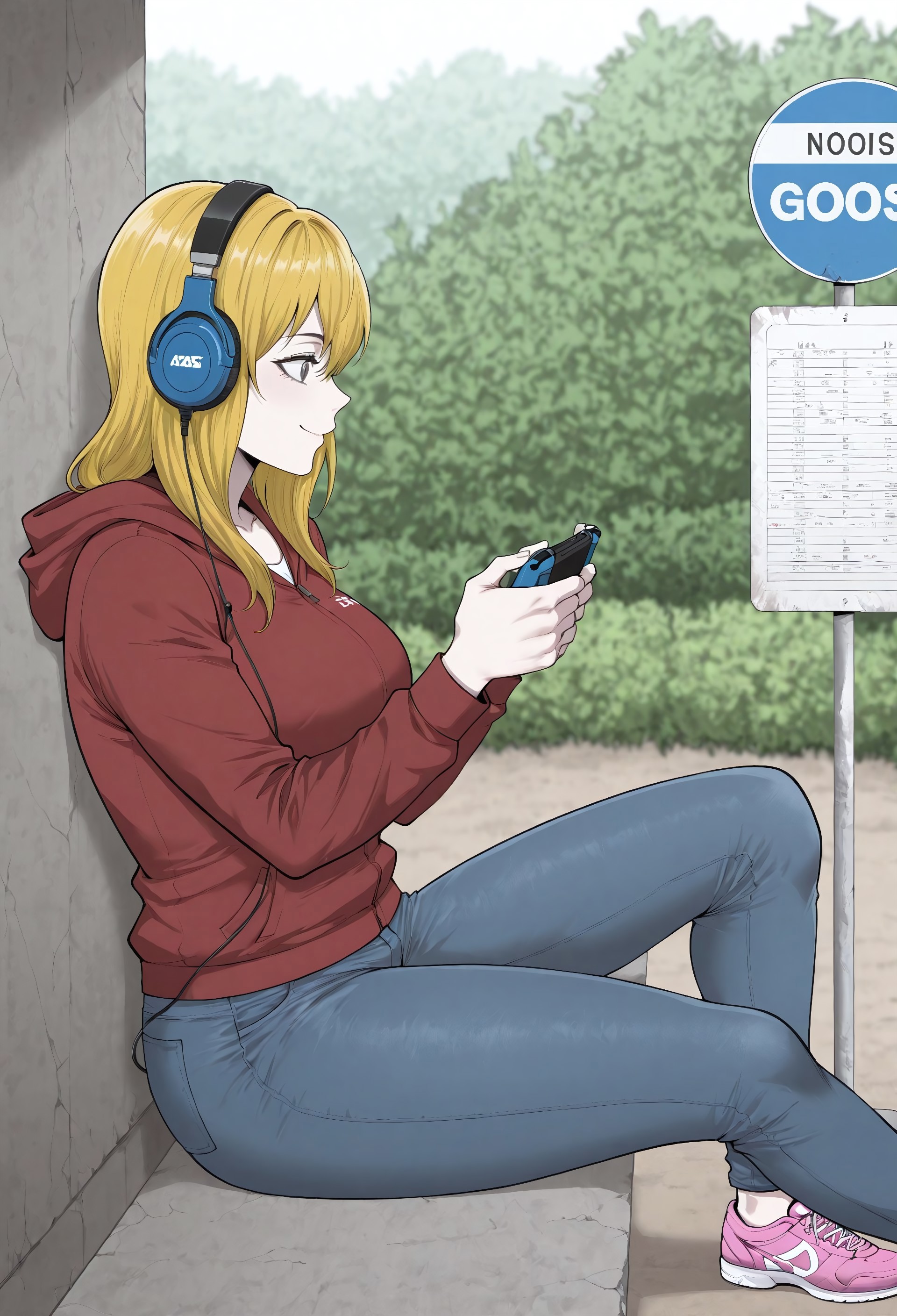 masterpiece, best quality, amazing quality, absurdres, 

j1nm1ny0ung, n0rj1n, 1girl, solo, blonde hair, long hair, grey eyes, collarbone, large breasts, red jacket, hooded jacket, jeans, denim, pink footwear, asics,

headphone, holding handheld game console, playing game, sitting, happy, sitting, bus stop, noon, from side, profile,