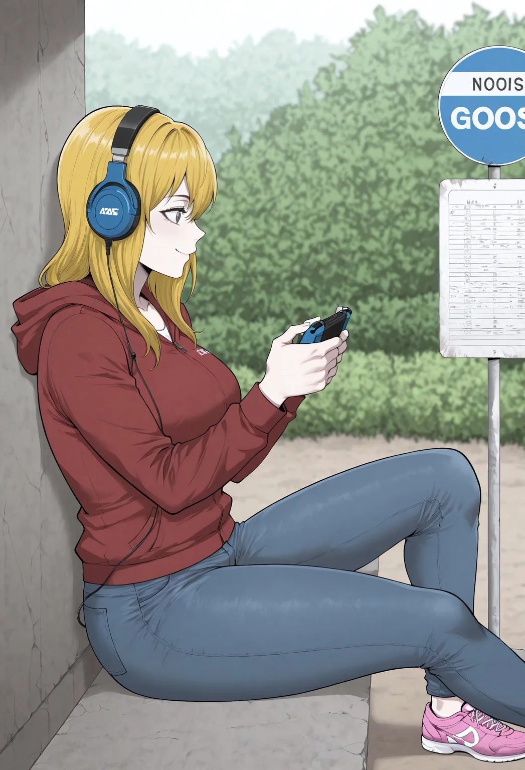 masterpiece, best quality, amazing quality, absurdres,
j1nm1ny0ung, n0rj1n, 1girl, solo, blonde hair, long hair, grey eyes, collarbone, large breasts, red jacket, hooded jacket, jeans, denim, pink footwear, asics,
headphone, holding handheld game console, playing game, sitting, happy, sitting, bus stop, noon, from side, profile,