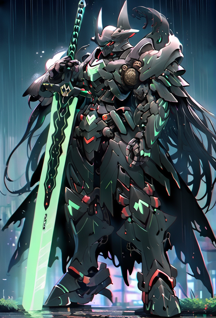 masterpiece, best quality,
1boy, armor, black hair, full body, glowing, helmet, holding, holding sword, holding weapon, horns, long hair, male focus, mecha, night, no humans, outdoors, planted, rain, red eyes, robot, science fiction, solo, standing, sword, very long hair, weapon
 <lora:Arcana_XL:1>