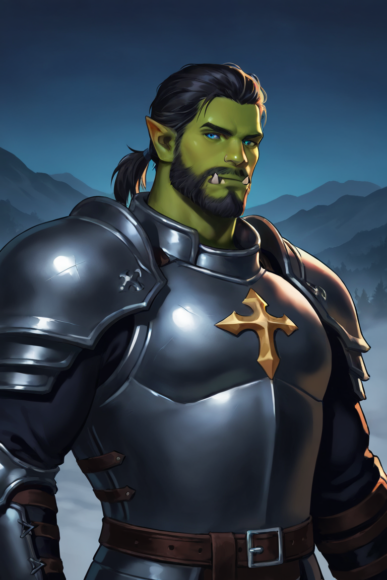 masterpiece, best quality, highres, newest, 1boy, solo, male focus, mature male, orc, colored skin, green skin, tusks, blue eyes, medium hair, black hair, hair slicked back, ponytail, facial hair, beard, mustache, looking at viewer, full armor, shoulder armor, breastplate, pauldrons, upper body, closed mouth, standing, outdoors, mountain, night, night sky, dark background <lora:NAI3 Smooth Boys - Colored Skin [LoRA] - NoobAI-XL EPS 1.0:0.8>